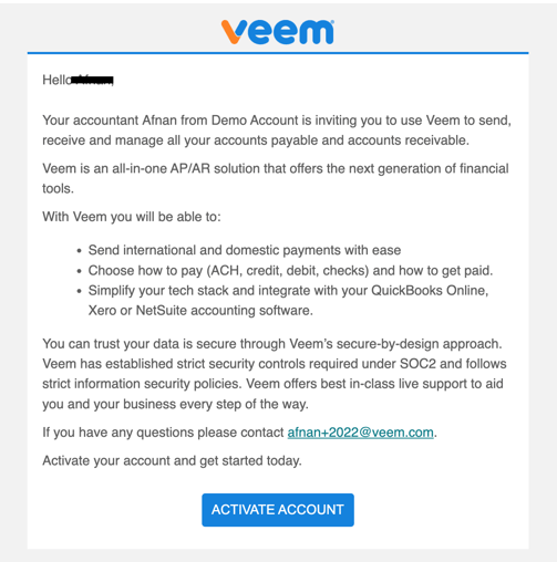 Your accountant Afnan from Demo Account is inviting you to use Veem to send,